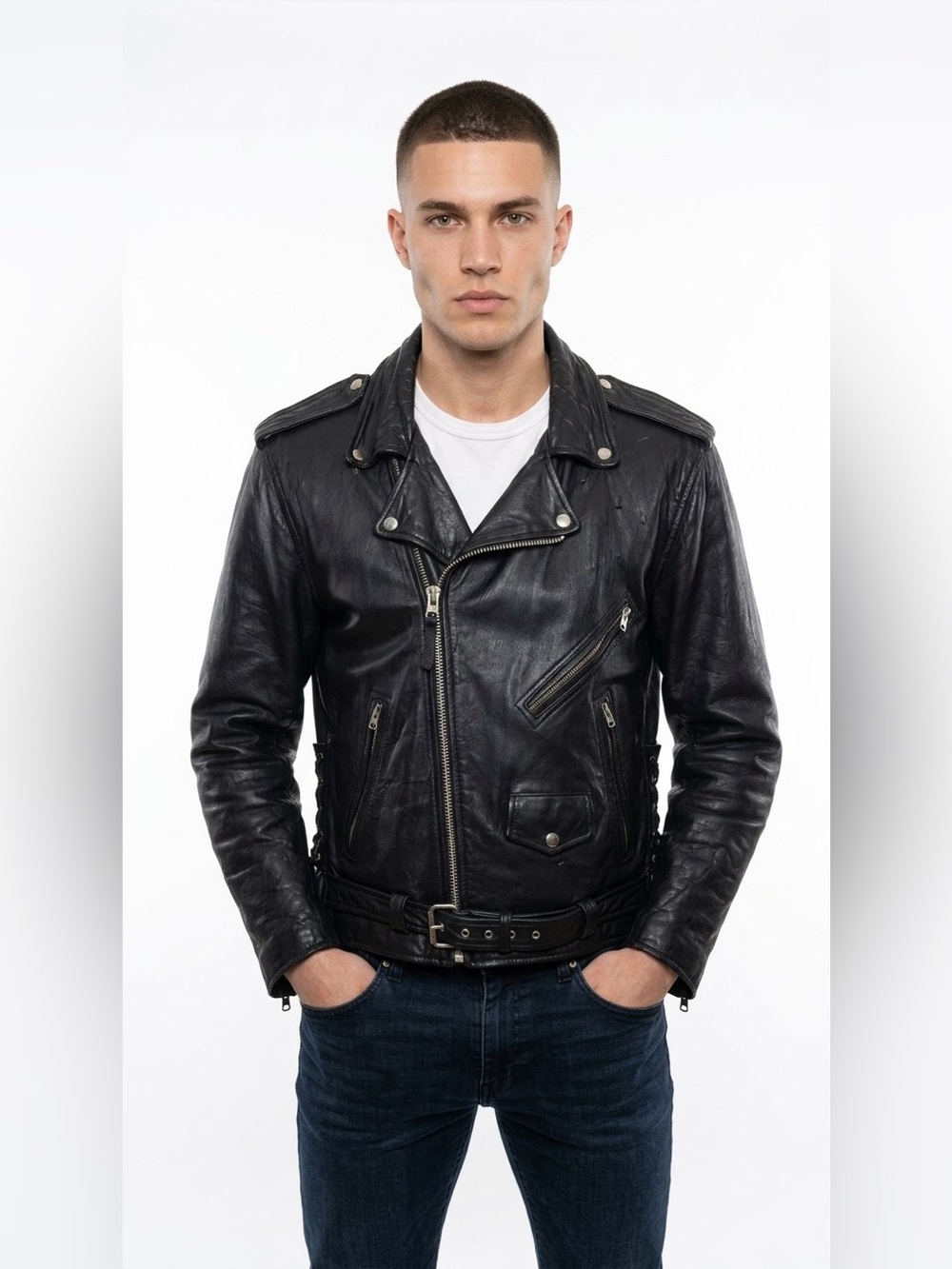 ELLAVIA BLACK LEATHER MOTORCYCLE JACKET ZIPPER DETAIL MEN XL